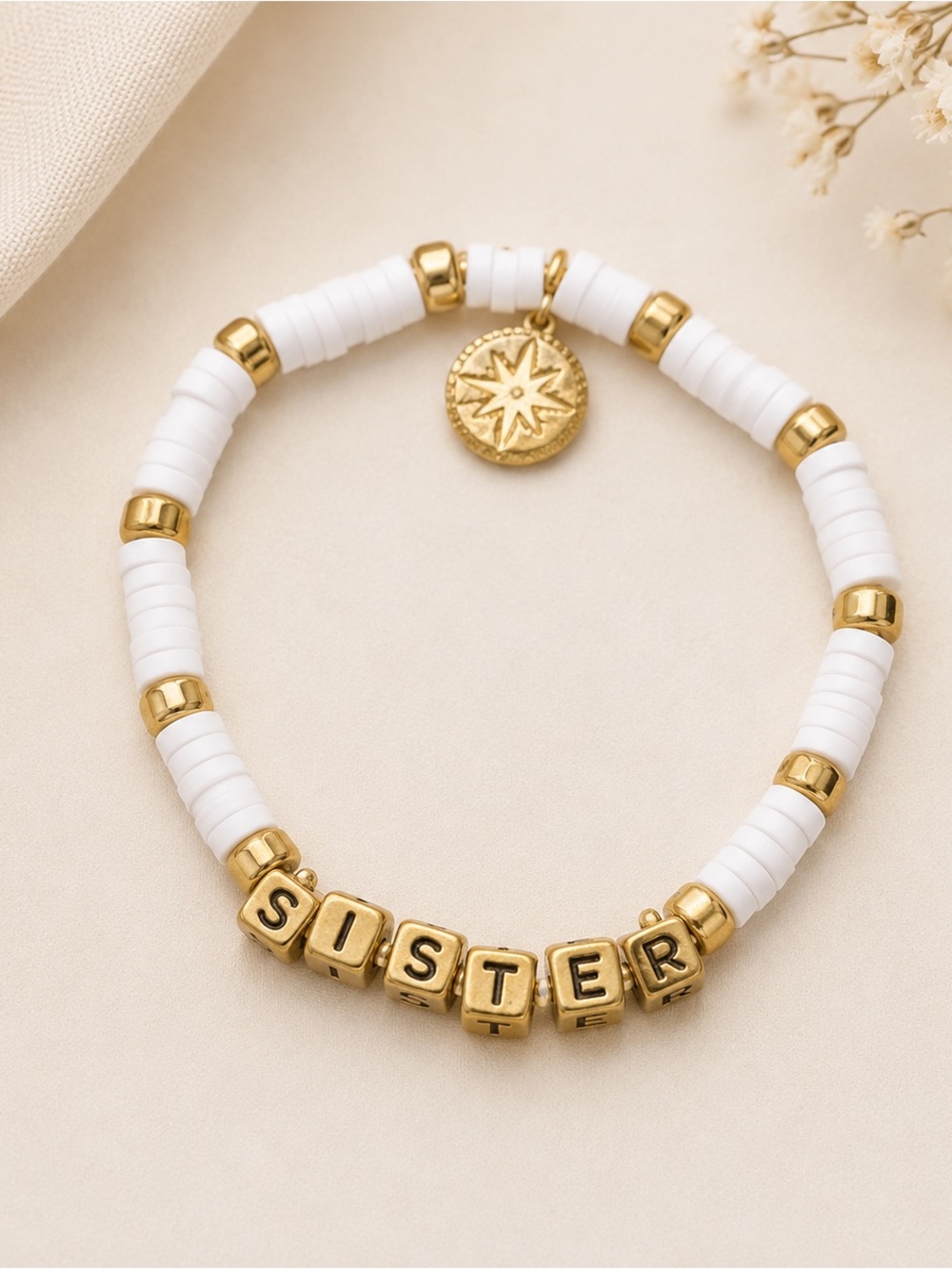Sister Bracelet Gold‎ Charm White Beaded Bracelet Stacking Jewelry Gift